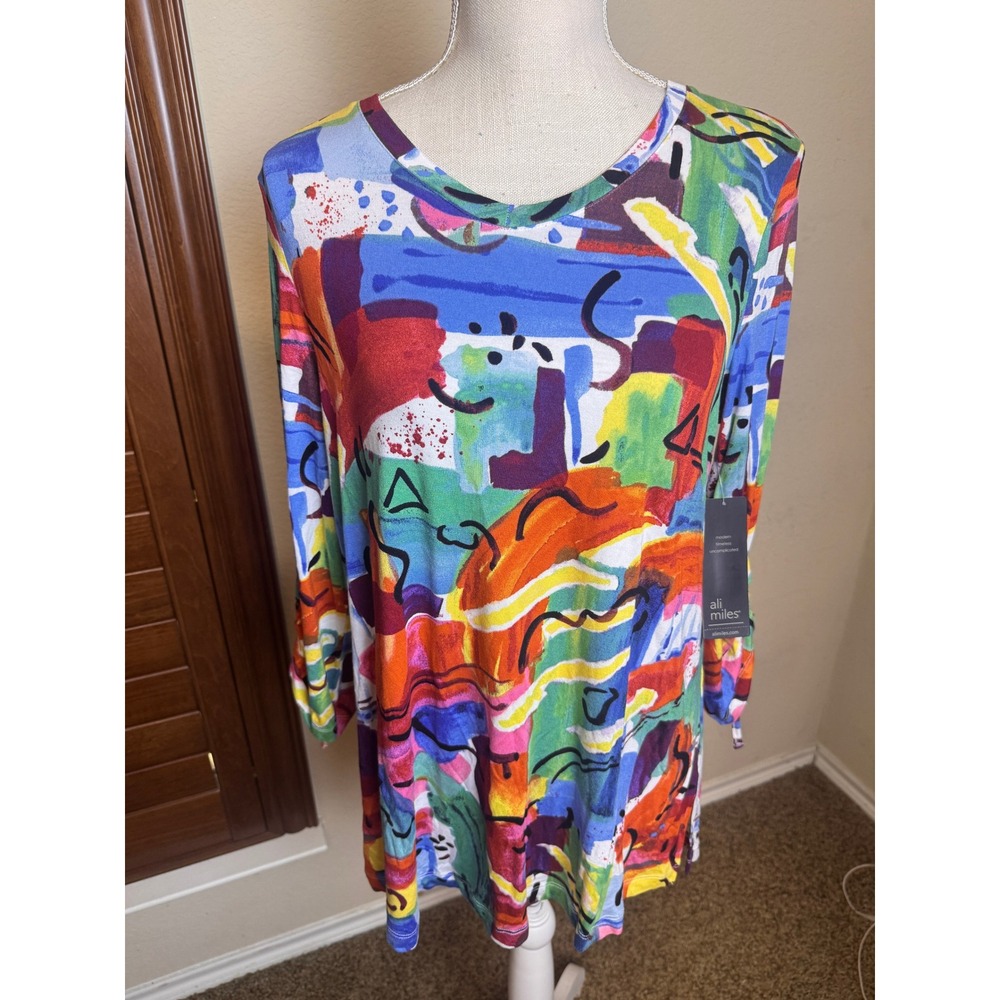 Ali Miles Women Small Abstract Art Print Tunic Top Ruched Tie Sleeve NWT